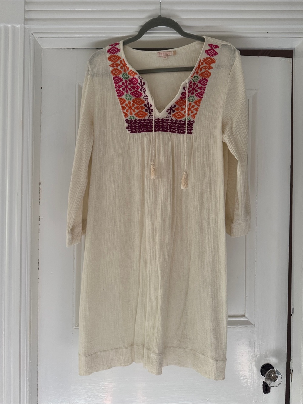 Pink Chicken Cream Tunic with Pink, Orange & Green Embroidery size large